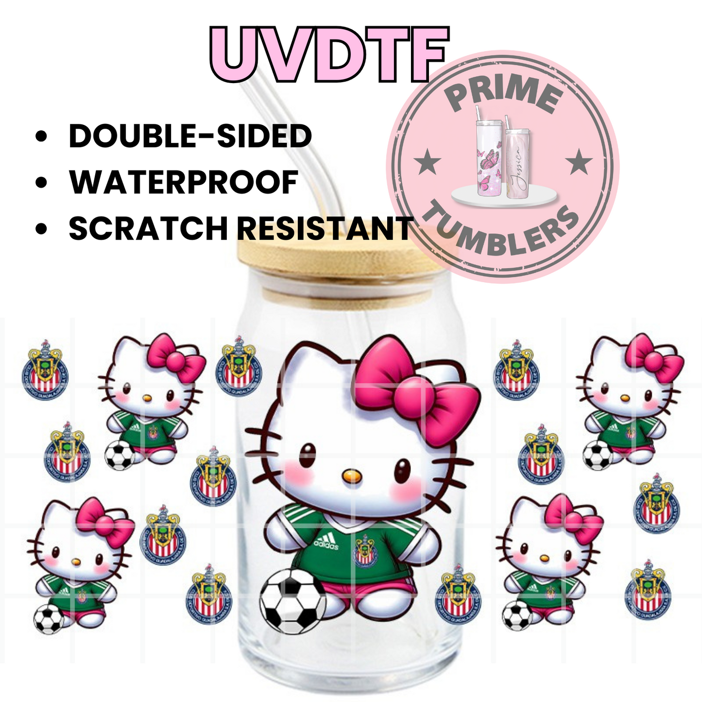 Hello Kitty Mexico Chivas Guadalajara Soccer team 16oz UVDTF cup wrap, ready to apply STICKERS