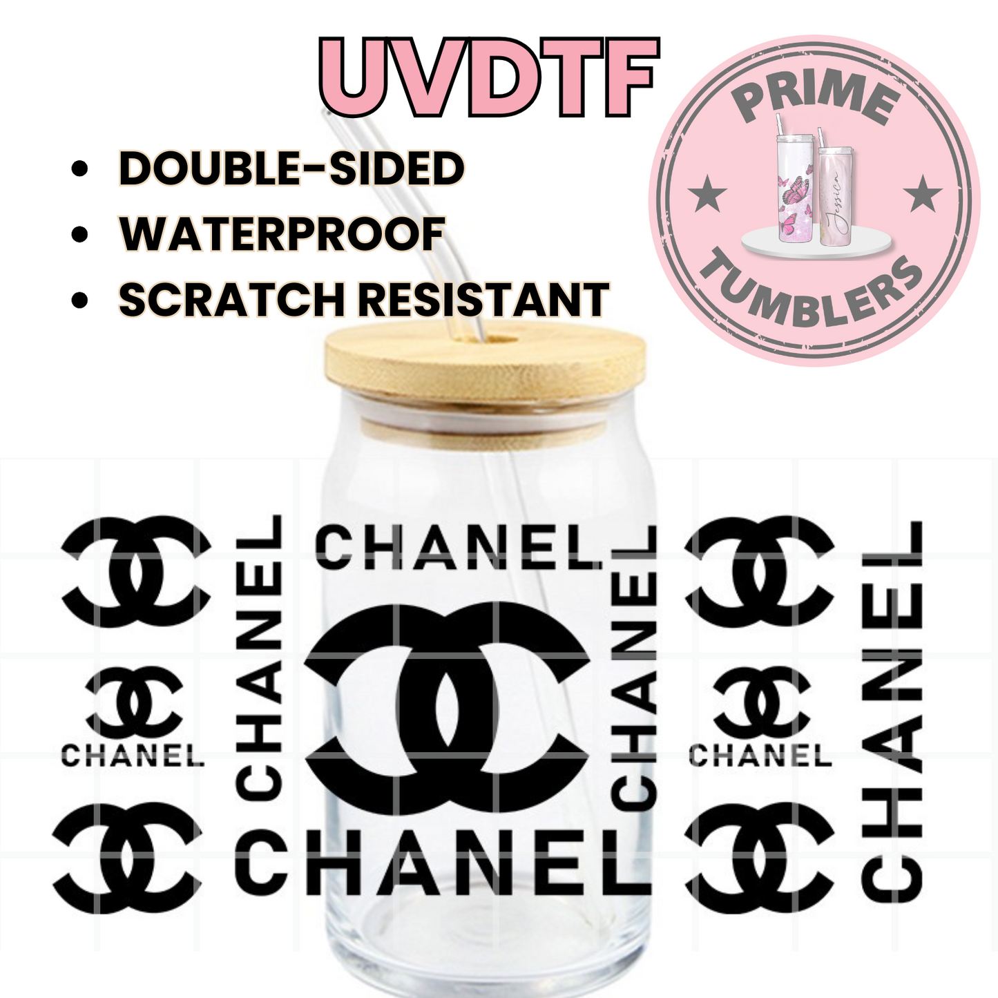 CHANEL Black 16oz UVDTF cup wrap, ready to apply STICKERS